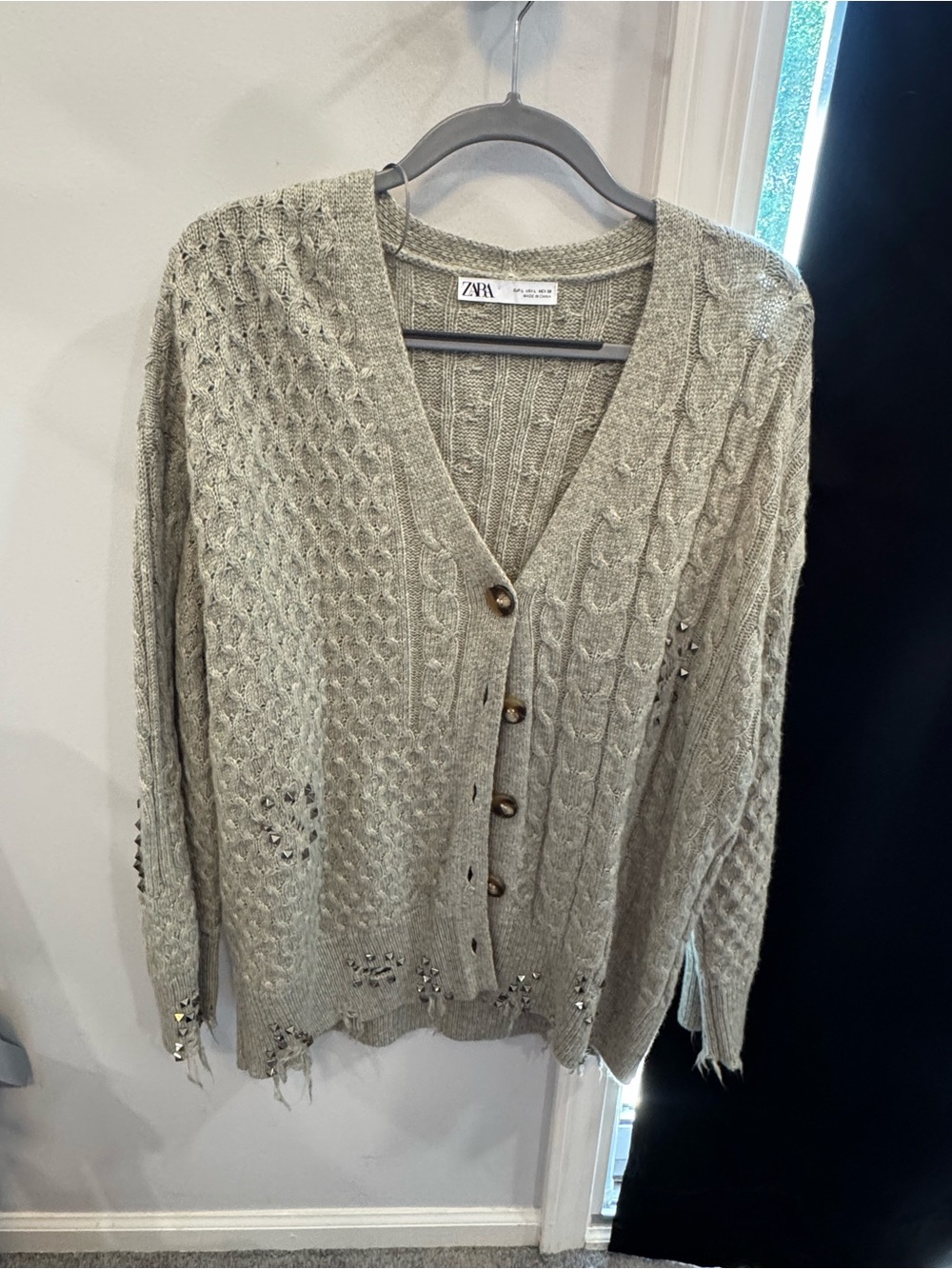 Zara Distressed Studded Cable Knit Cardigan | Size Large